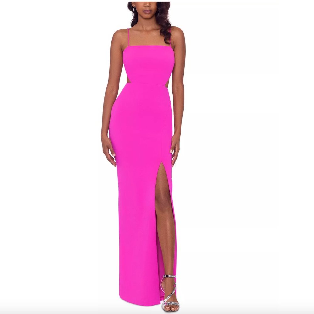 XSCAPE Women's Cutout-Detail Scuba Crepe Gown Spaghetti Straps Sz 12 Fuchsia NWT